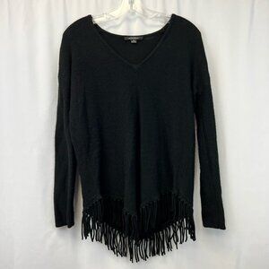 Acrobat Womens Pullover Sweater Black Wool Long Sleeve V Neck Fringe Boho XS
